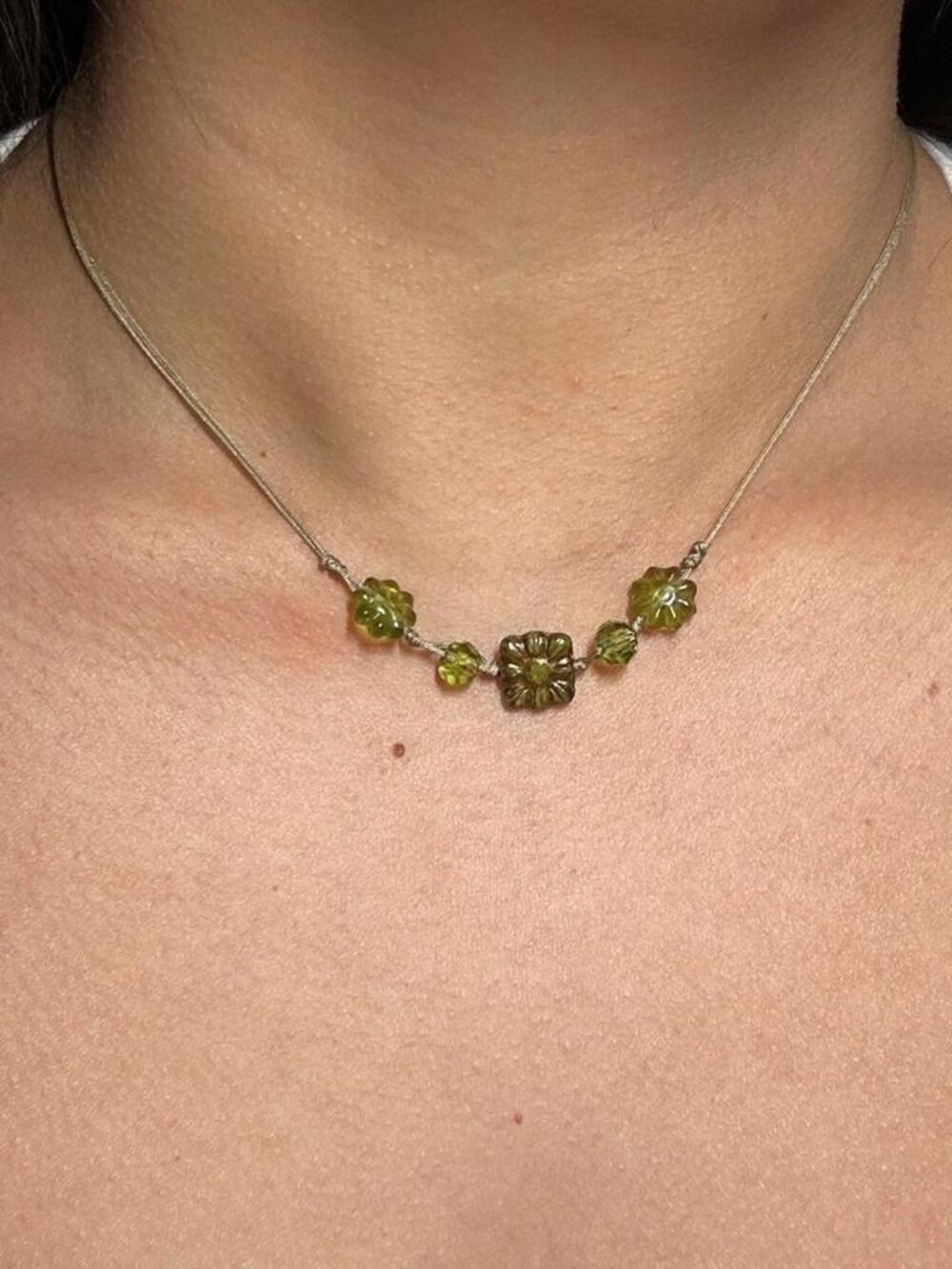 Vintage Bloom Czech Glass Flower Beaded Necklace Boho Cottagecore Green